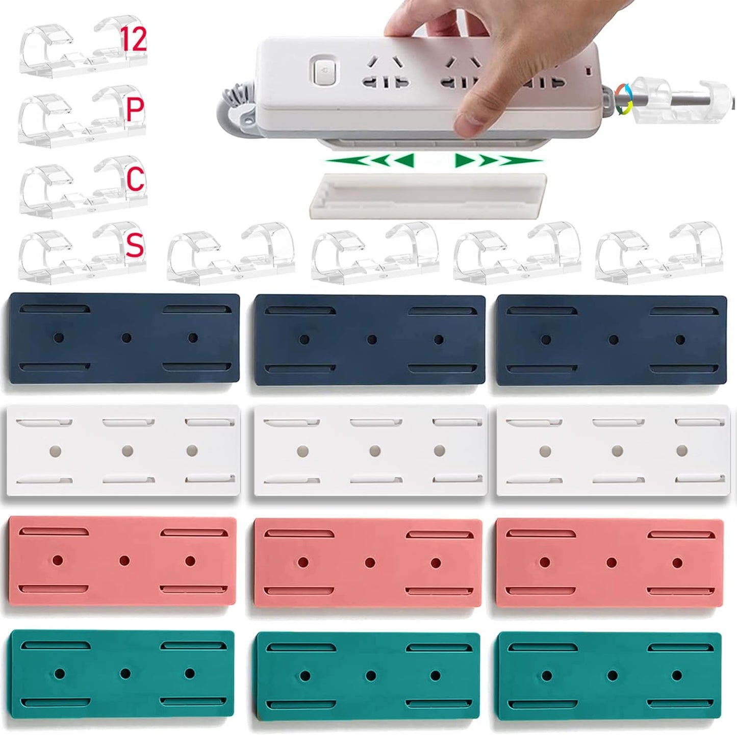 12PCS Power Strip Holder, Adhesive Punch-Free Socket Holder, Self Adhesive Socket Desktop Fixer, Cable Management Punch Free Surge Protector, Desktop Mobile Socket Holder Wall Mount and 8 Cable Clips