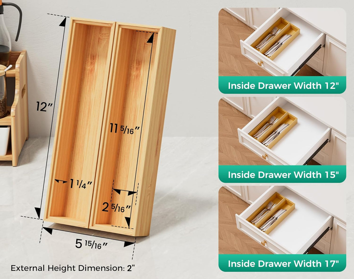 Bamboo Kitchen Drawer Organizer Set of 2, Stackable 15" x 6" Wood Silverware Utensil Tray for Drawers Bins, Cutlery & Flatware Storage – Wooden Boxes Organizers for Junk Drawer, Bathroom, RV