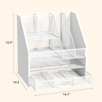 Homsorout Wooden Desk Organizer - Mesh File Organizer with Drawers and Pen Holder - 4-Tier Vertical Paper Letter Storage Tray, Desktop Organizers and Accessories for Home Office