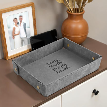 Engraved Leather Valet Tray for Men – Personalized Catchall with Custom Name for Desk, Dresser, Nightstand – Men's Organizer Tray for Keys, Wallet, Jewelry, Personalized Gift for Home, Office - Coffee