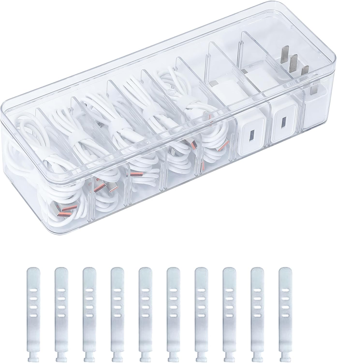 Cord Storage Organizer for Desk Drawer, Plastic Adjustable Cable Organizer Box with Lid and Wire Ties, Clear Phone Charger Case for Home Office
