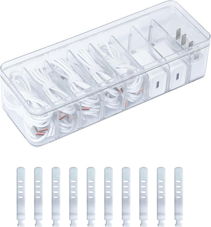 Cord Storage Organizer for Desk Drawer, Plastic Adjustable Cable Organizer Box with Lid and Wire Ties, Clear Phone Charger Case for Home Office