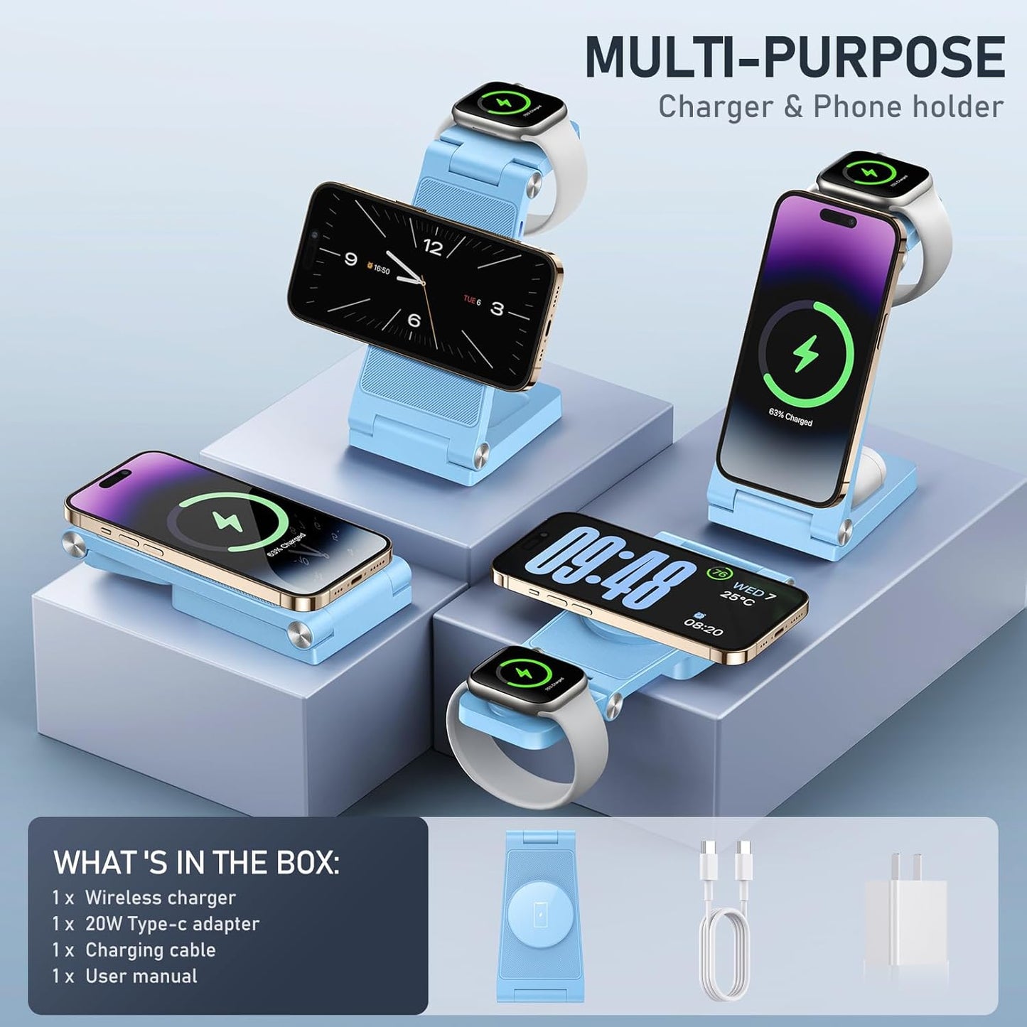 Magnetic Wireless Charger Stand, 3 in 1 Foldable Wireless Charging Station with 20W Adapter, Travel Charger for Multiple Devices for iPhone 17 16 15 14 13 12 Pro/Max/Plus/Mini, iWatch, AirPods