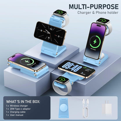 Magnetic Wireless Charger Stand, 3 in 1 Foldable Wireless Charging Station with 20W Adapter, Travel Charger for Multiple Devices for iPhone 17 16 15 14 13 12 Pro/Max/Plus/Mini, iWatch, AirPods