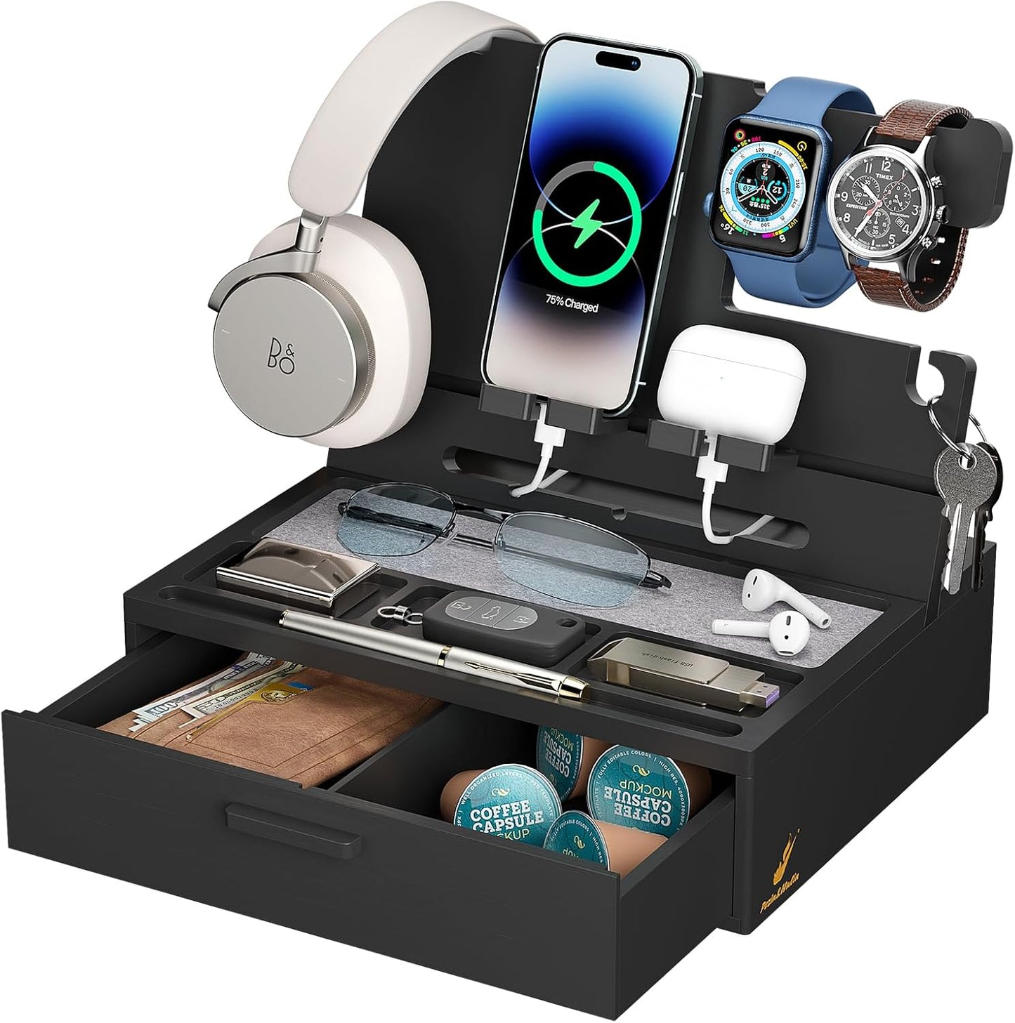 Pezin & Hulin Wooden Charging Station, Bedside Nightstand Tray, with Spacious Drawer, Felt Pads for Phones, Watch, Idea Gifts for Him Birthday, Son, Christmas for Papa Fathers Day (Nature)