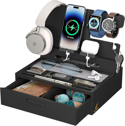 Pezin & Hulin Wooden Charging Station, Bedside Nightstand Tray, with Spacious Drawer, Felt Pads for Phones, Watch, Idea Gifts for Him Birthday, Son, Christmas for Papa Fathers Day (Nature)