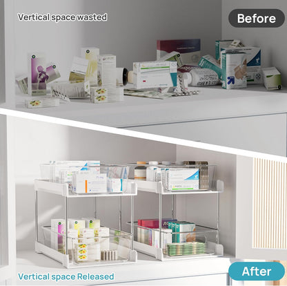 Vtopmart 4 Pack Bathroom Organizer, 2 Tier Clear Under Sink Organizers Vanity Countertop Storage Container,Cabinet Drawers Bins, Pull-Out Organization with Track for Pantry, Kitchen
