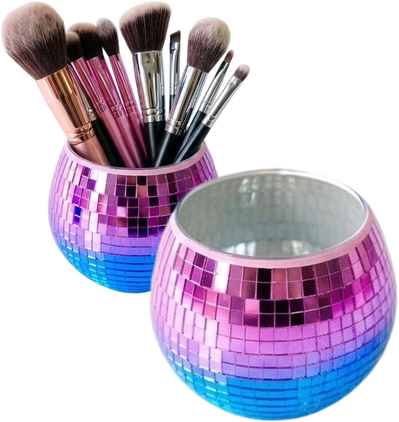 2 Pack Glass Disco Ball Makeup Brush with Smooth Grouting - Premium Mirror Mosaic Pencil Cup for Desk, Cute Pen Holder, Aesthetic Room Decor Gift (Iridiscente)
