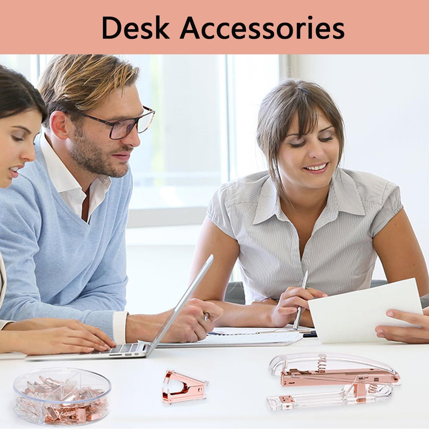 suniya Office Supplies,Gold Desk Accessories,with Stapler,Tape Dispenser,Pen Holder,Scissors,Phone Stand,Staple Remover,Ballpoint Pen,Clear Tape, Staples,Ruler,Clips,Best Gift for Business or Boss