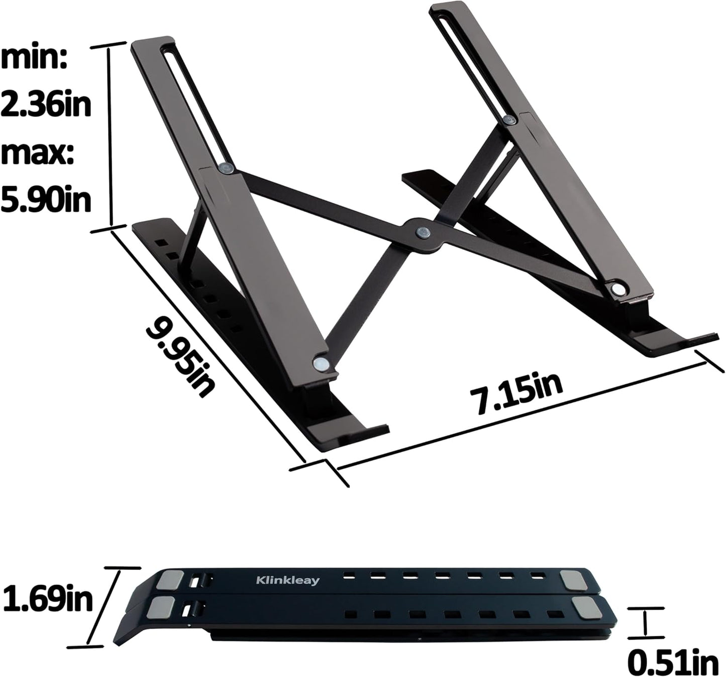 Foldable Laptop Stand for Desk, Adjustable Aluminum Holder for MacBook/iPad up to 18", Portable & Lightweight with Anti-Slip Silicone, Sturdy Metal Base for Travel (Black)