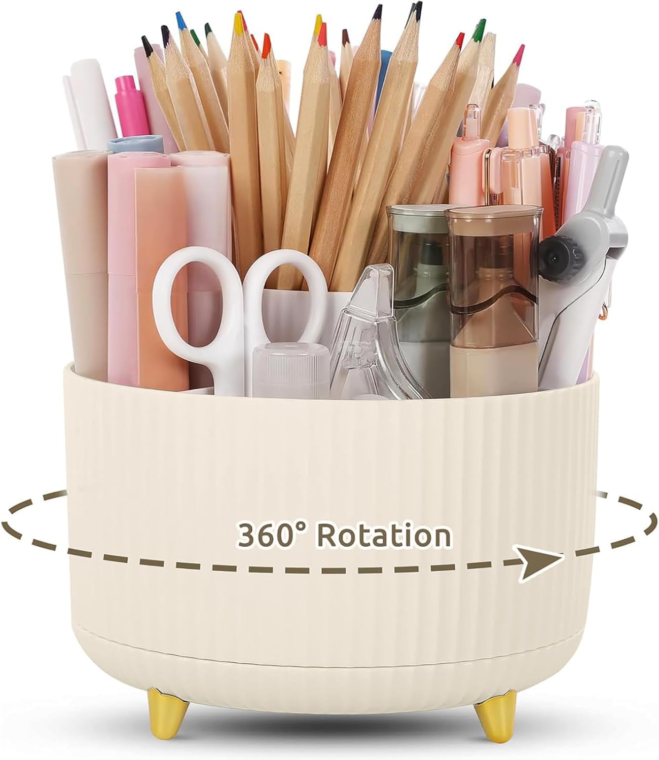 KONVINIT Pencil Pen Holder for Desk, 5 Slots 360 - Degree Rotating Desktop Organizer, Cute Desk Organizers and Accessories for School, Home, Office and Art Supply, Beige