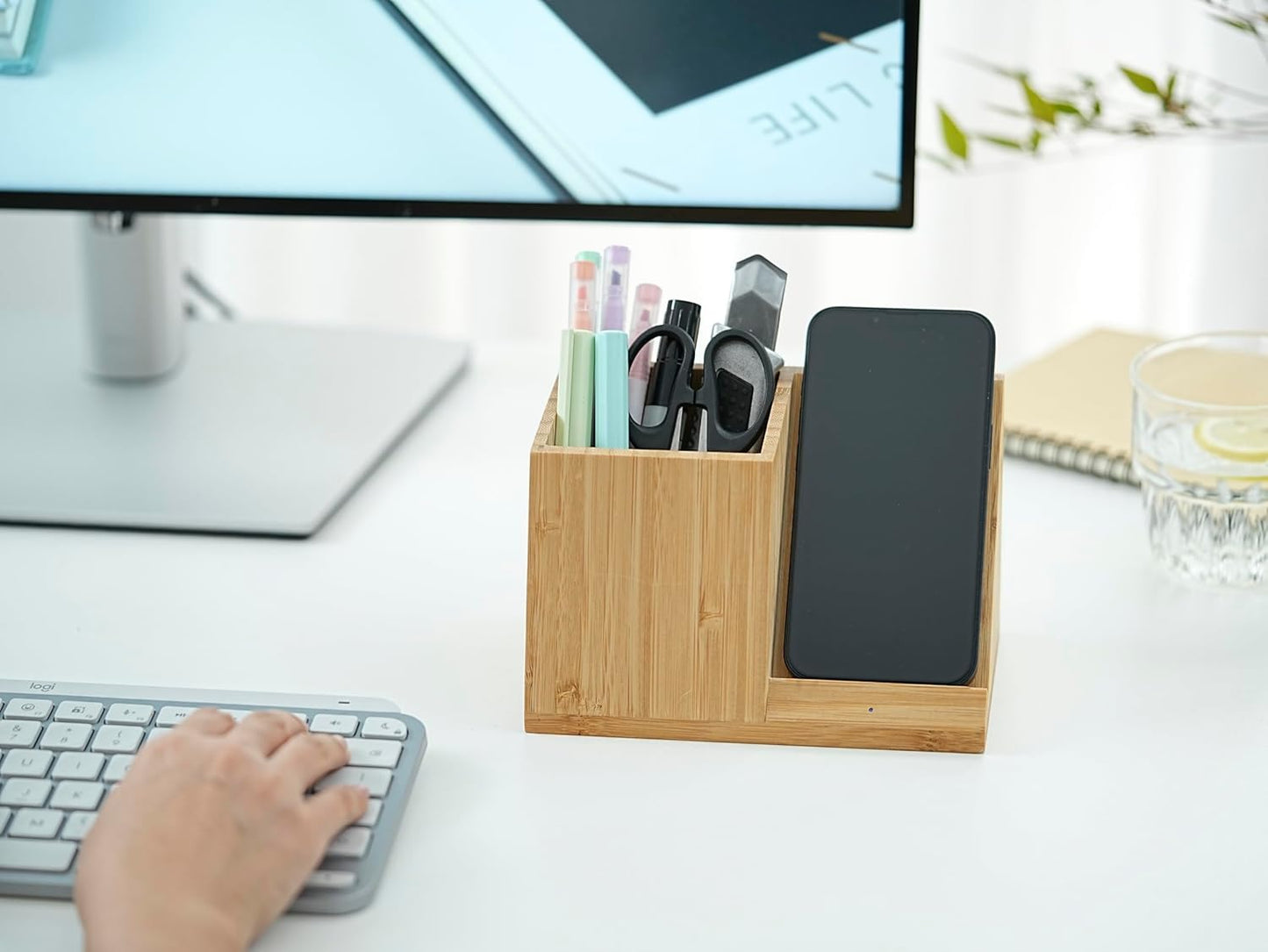 OhM-ega Bamboo Desk Organizer with Wireless Charing, Home Office Organizers for Desk, Wireless Charging Station with Pen Holder, 10W Fast Wireless Charging, Compatible with iPhone and Pixel