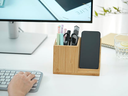 OhM-ega Bamboo Desk Organizer with Wireless Charing, Home Office Organizers for Desk, Wireless Charging Station with Pen Holder, 10W Fast Wireless Charging, Compatible with iPhone and Pixel