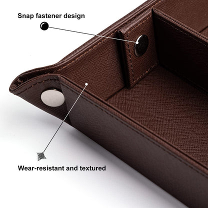 BONNY DODO Valet Tray for Men PU Leather Tray Organizer with Partition, Storage Keys, Watch & Practical Storage for Table Nightstand Living Room Bedroom (Dark Brown-Square)