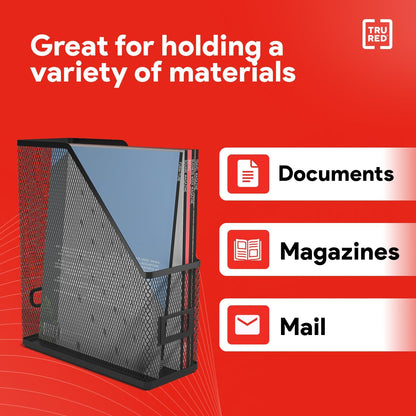 TRU RED Metal Magazine File Organizer, Black – Top‑Loading Desktop File Holder with Handle, Holds Up to 1000 Sheets