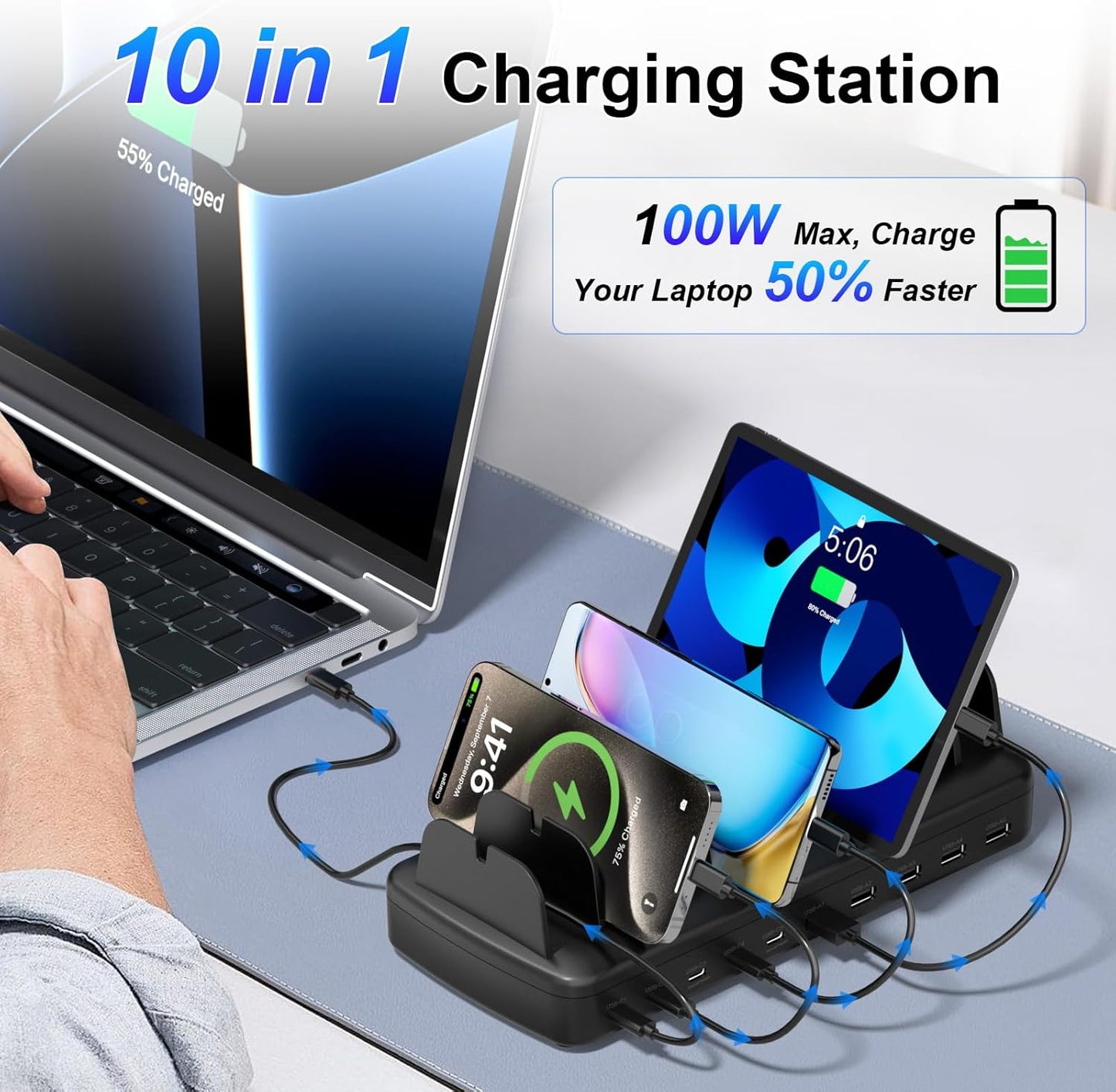 510W Fast Charging Station for Multiple Devices, 10 Port USB C Charger Station with Flame-Retardant Material & 8 Cables for iPhone, Android, iPad, Tablets, Family Office Desk Charging Dock Organizer
