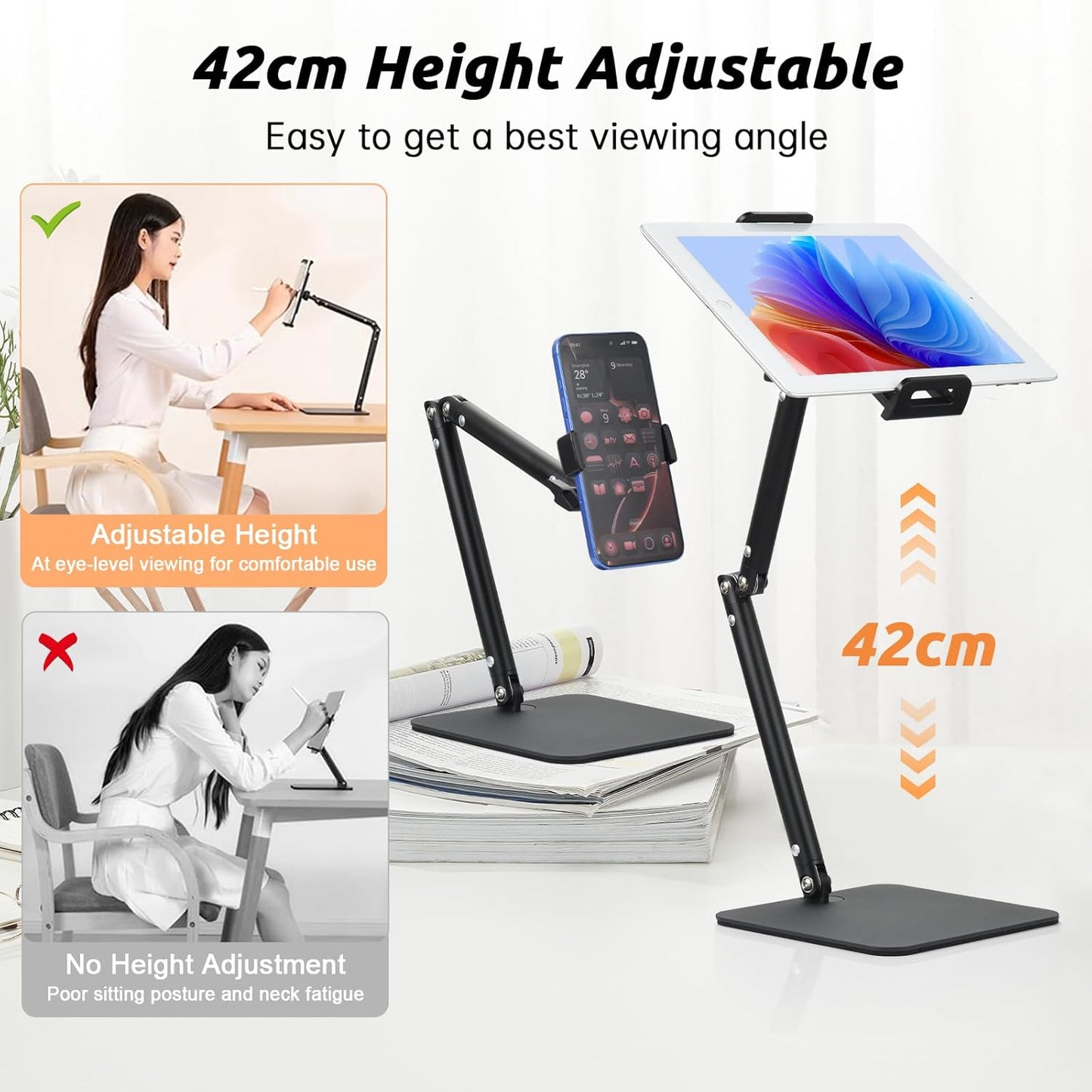 UTEBIT Adjustable Phone Stand for Desk, 11.8''-17.7''Height Adjustable Phone Holder for Desk Recording, Retractable Cell Phone Tablet Stand Holder for 5.5''-9.5''Screen iPhone 17 16 15 Pro Max Android