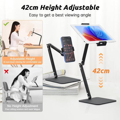 UTEBIT Adjustable Phone Stand for Desk, 11.8''-17.7''Height Adjustable Phone Holder for Desk Recording, Retractable Cell Phone Tablet Stand Holder for 5.5''-9.5''Screen iPhone 17 16 15 Pro Max Android