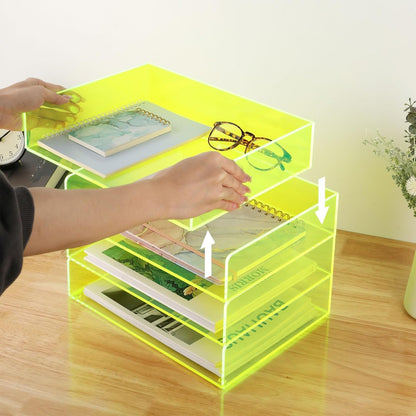 Gelite Acrylic File Organizer for Desk 4 Tiered Stackable Letter Tray Office Paper Storage Desktop Document Sorter, Neon Pink