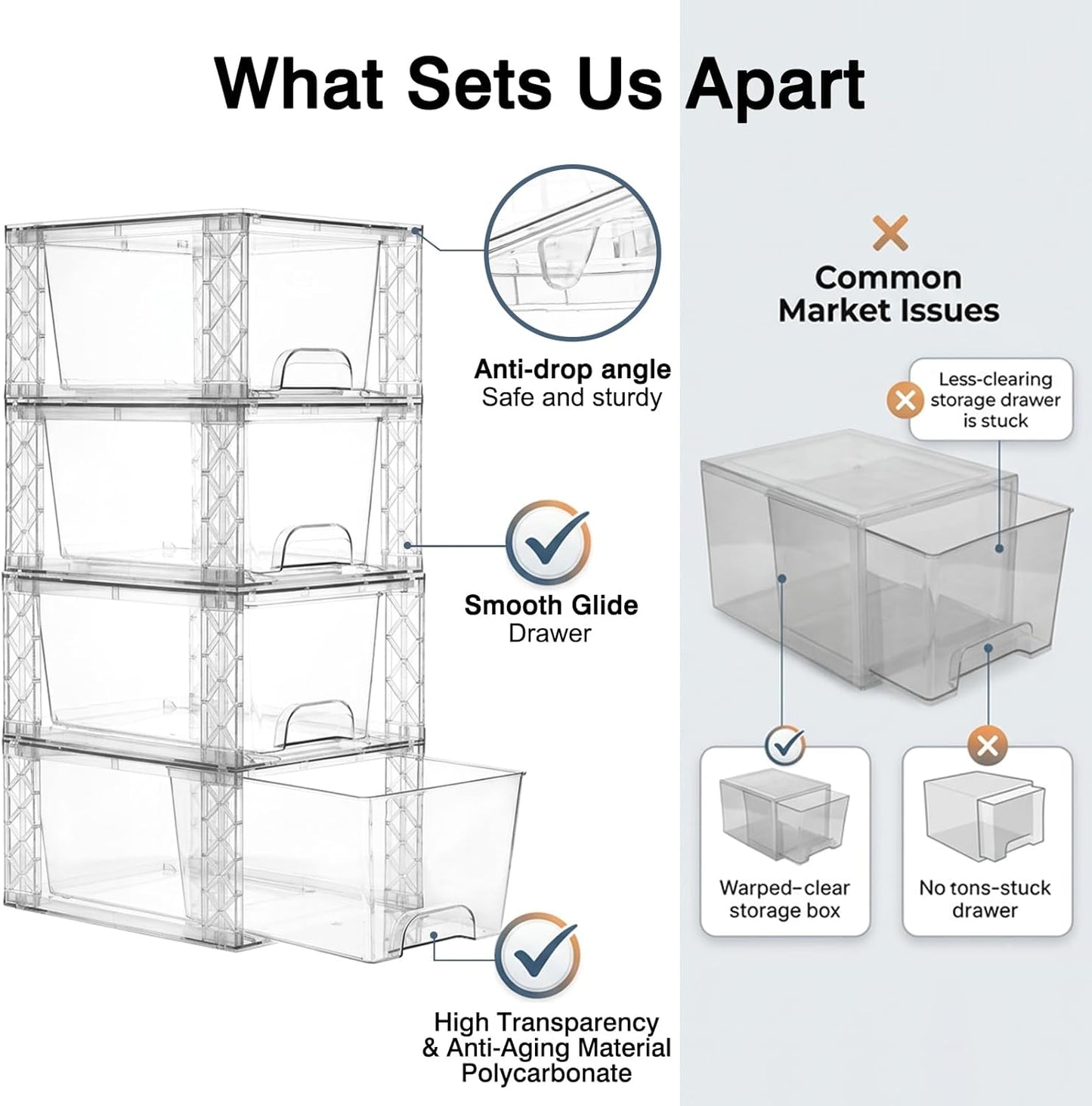Bathroom Organizers and Storage Boxes 4pack, 7in Stackable Storage Drawers Plastic Simply Assembled Containers Bins Suitable for Cosmetics, Bathroom, Kitchen, Cabinets, and Snack Storage Boxes