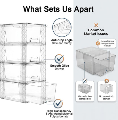 Bathroom Organizers and Storage Boxes 4pack, 7in Stackable Storage Drawers Plastic Simply Assembled Containers Bins Suitable for Cosmetics, Bathroom, Kitchen, Cabinets, and Snack Storage Boxes