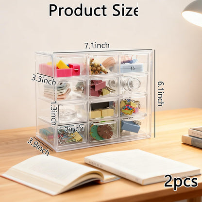 2 Pack Mini Desk Organizer with 12 Removable Drawers - Clear Plastic Desktop Storage Box for DIY Crafts, Art Supplies, Office Essentials, Cosmetics & Jewelry