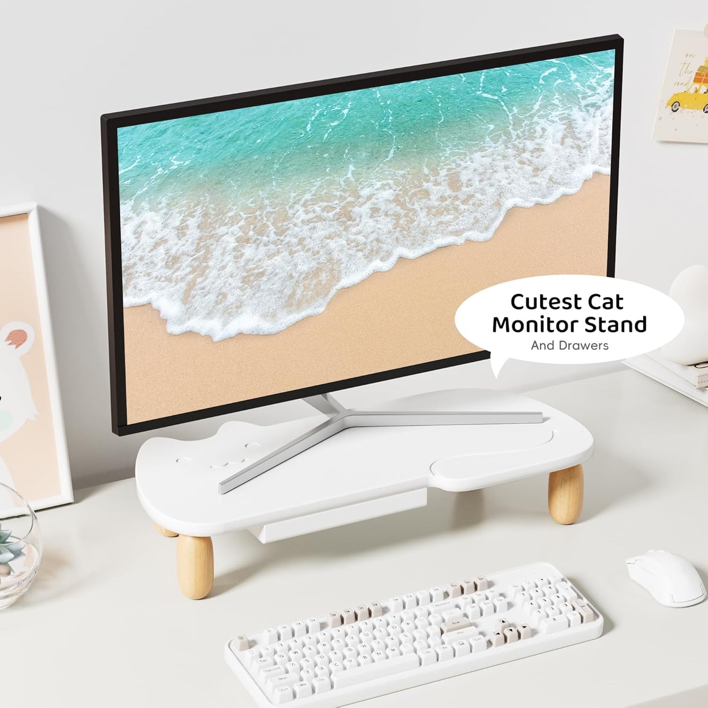 AFOOYO Monitor Stand Riser, Cookie-Shaped Sturdy Wood Computer Monitor Stand for Desk, Ergonomic Desk Stand, Multi-Purpose Desktop Organizer Riser for Computer, Laptop, Printer, TV,White