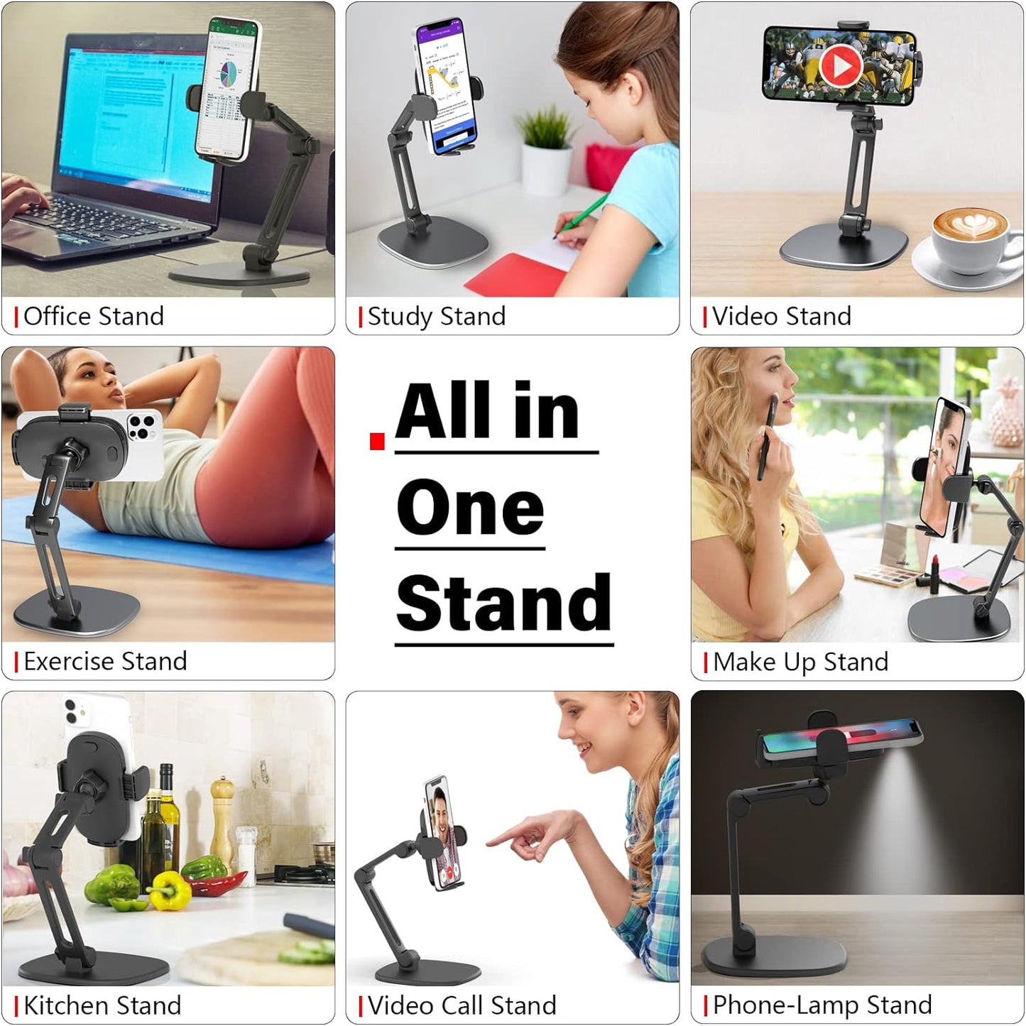 APPS2Car Phone Stand for Desk [No Dropping Stable Triple-Clamp Holder] Adjustable Height 360 Degree Rotation Heavy Base Thick Case Friendly, Multifunctional Cell Phones Stand for iPhone Android Phones