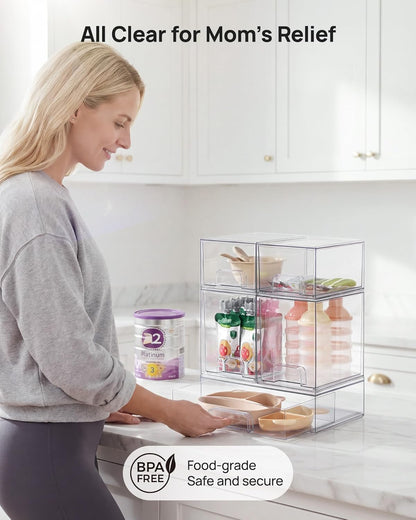 Vtopmart Stackable Storage Drawers Set of 4, Clear Plastic Organizer Bins for Bathroom Supplies,Ideal for Cabinet,Pantry,Laundry Room Organization