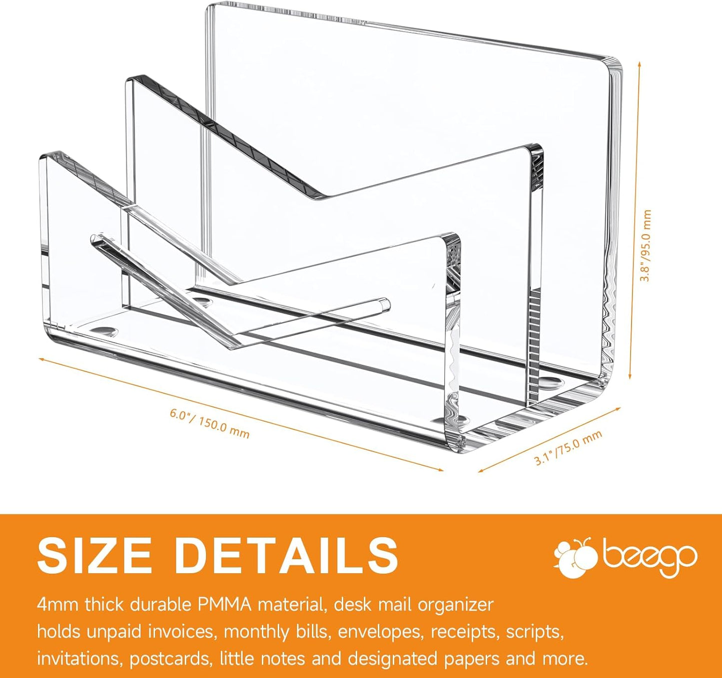 Beego Envelope and Mail Organizer Countertop - Clear Acrylic Desk Organizer Letter Holder Desktop File Sorter Bill Document Folder Rack for Office, Home, School Desk Organization