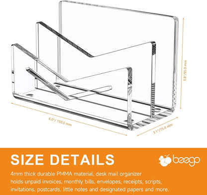 Beego Envelope and Mail Organizer Countertop - Clear Acrylic Desk Organizer Letter Holder Desktop File Sorter Bill Document Folder Rack for Office, Home, School Desk Organization