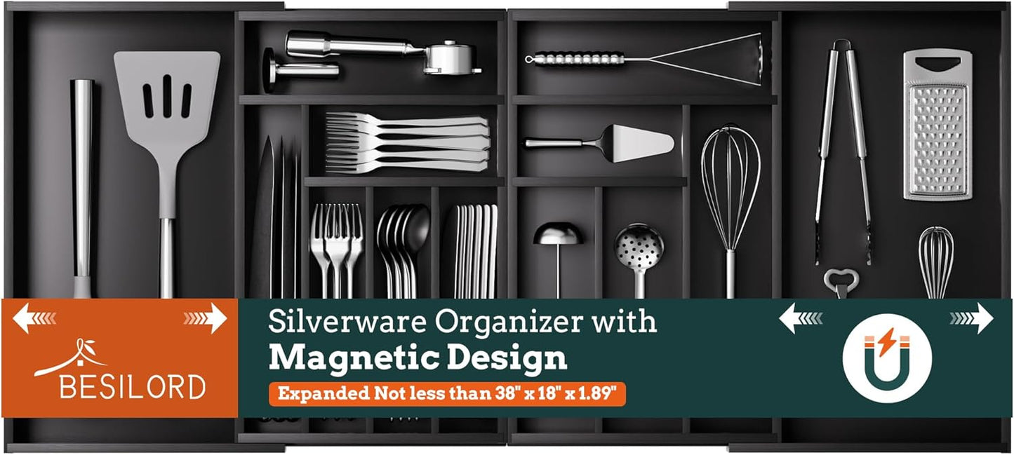 Silverware Organizer Large, Magnetic Connected Expandable 13 Slots Silverware Drawer Organizer From 21 to 37.4 Inches, Adjustable Flatware and Cutlery Holder, Bamboo Utensil Tray for Kitchen Natural