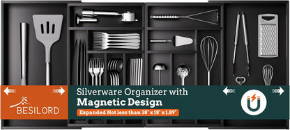 Silverware Organizer Large, Magnetic Connected Expandable 13 Slots Silverware Drawer Organizer From 21 to 37.4 Inches, Adjustable Flatware and Cutlery Holder, Bamboo Utensil Tray for Kitchen Natural