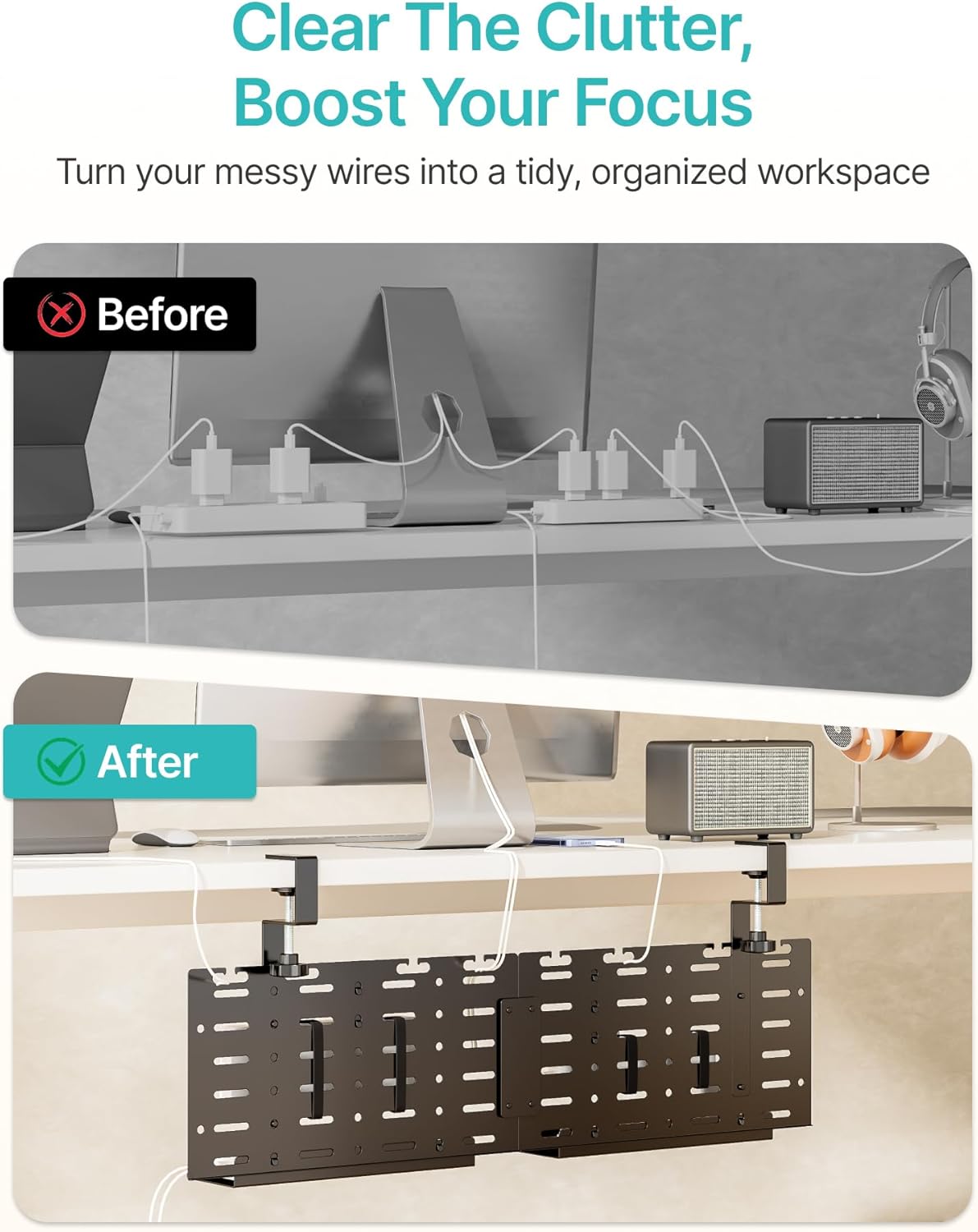 Under Desk Cable Management Tray, 30.2" Vertical Metal Pegboard Organizer for Power Strip, Cables, Clamp On Cord Organizer Rack with Hooks, Trays & Cable Straps for Home Office, White