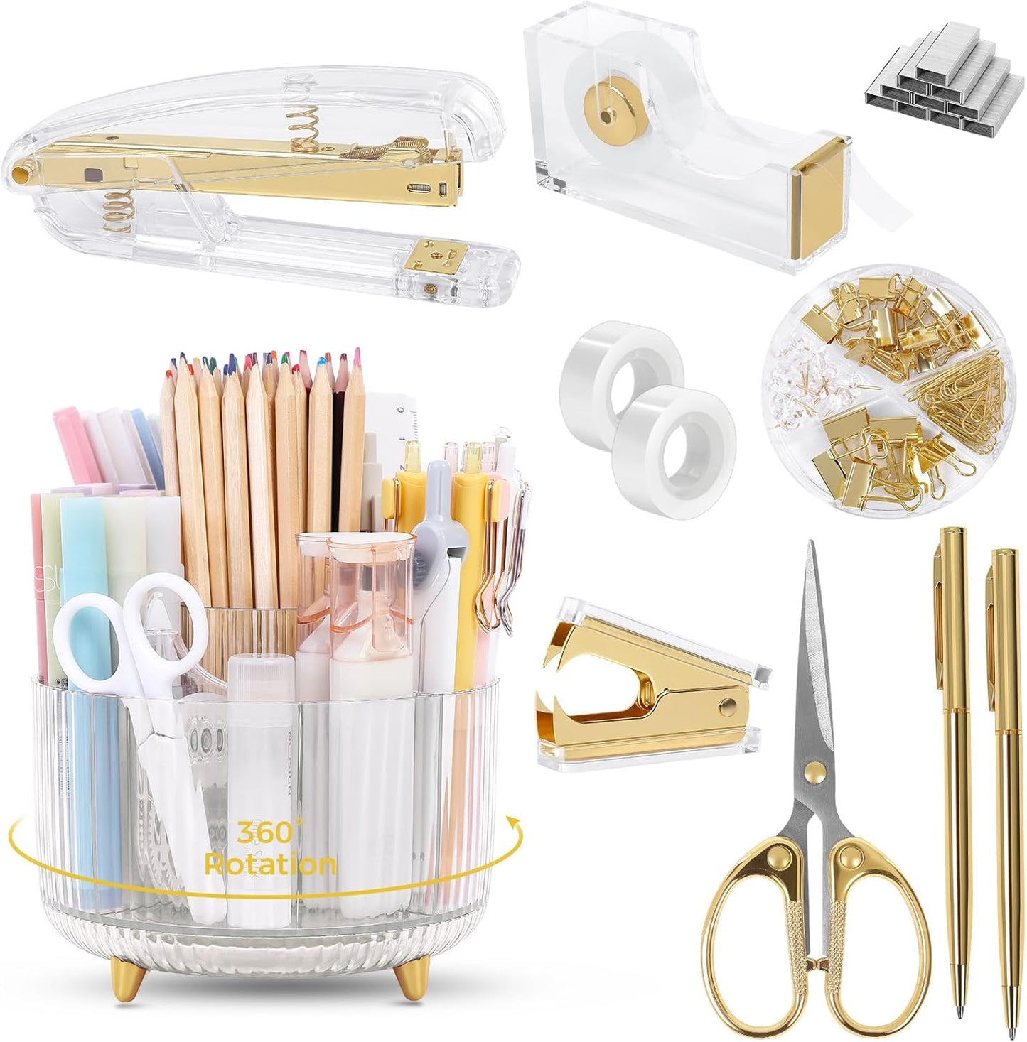 SKYDUE Pink Desk Accessories 10Pcs, Rotating Pen Holder for Desk, Stapler, Staple Remover, Tape Dispenser,2pcs Tape Refills, Binder Paper Clips Kit, Scissor,Pink Office School Supplies