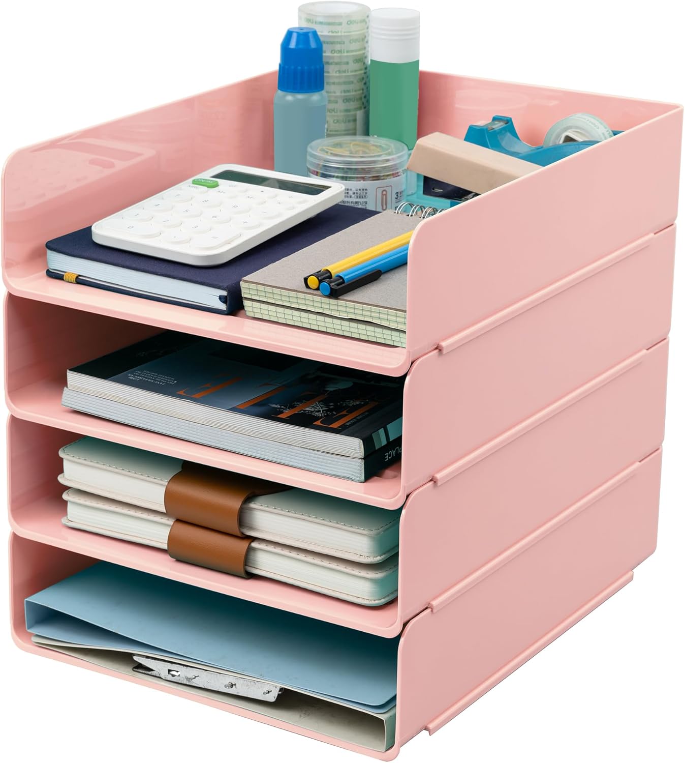 Tiawudi Desk Organizer, Clear Office Organization and Storage, Plastic Letter Tray, Stackable File Organizer for Classroom, Home, Documents, Notes, Folders, Books and Pens, 4 Tier