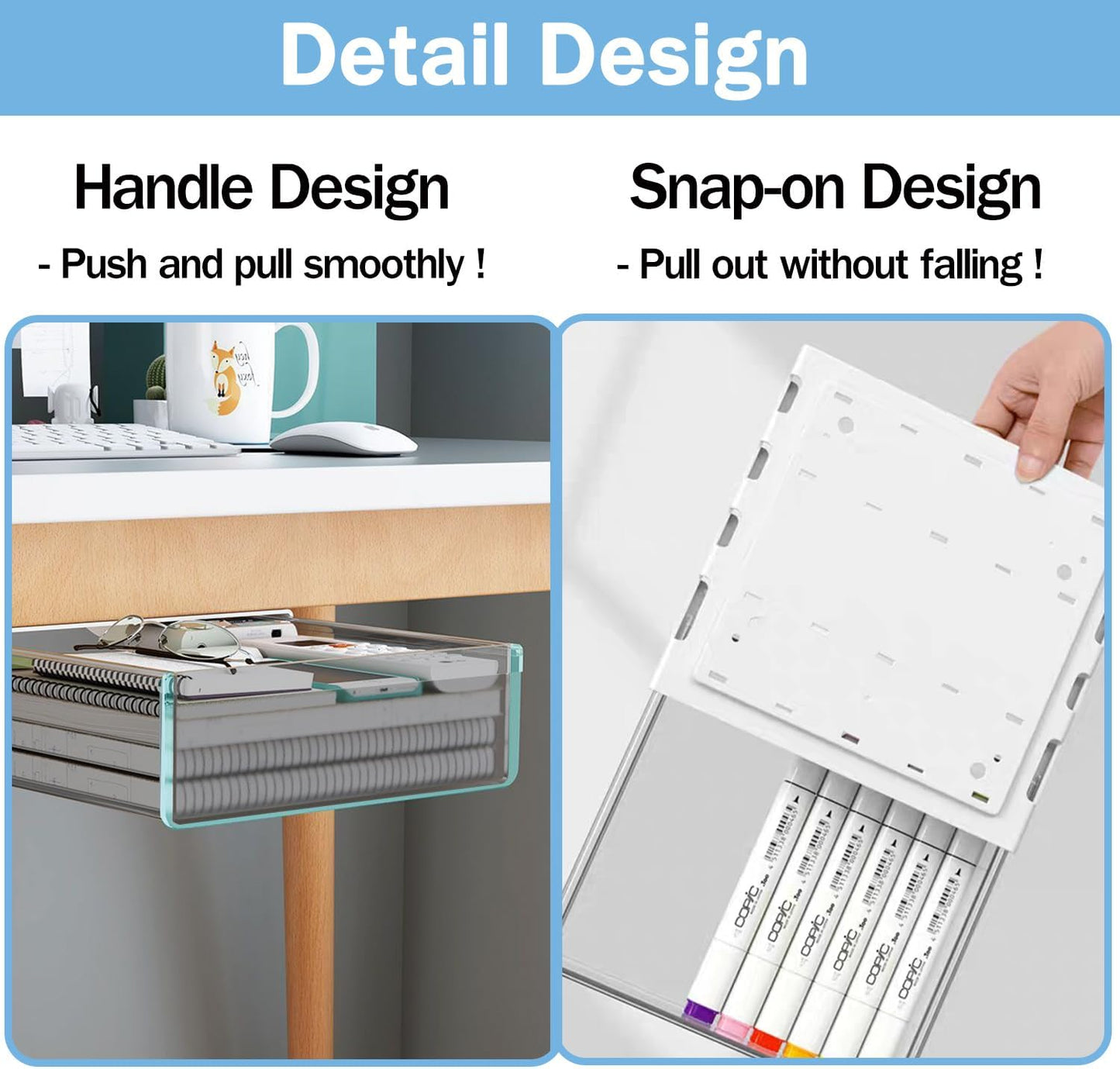 SVNNELP Large Under Desk Table Drawer Storage Organizer A4, Hidden Self-Adhesive Under Desk Pencil Tray Drawer for Office (Clear Black/L)