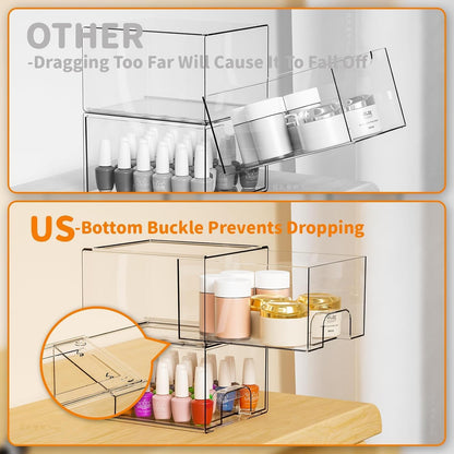 Yieach 4 Pack Clear Stackable Storage Drawers,4.4'' Tall Acrylic Drawer Containers for Organizing,Bathroom Organizers and Storage Bin Box,Plastic Makeup,Medicine Organizer Bins for Cabinet,Undersink