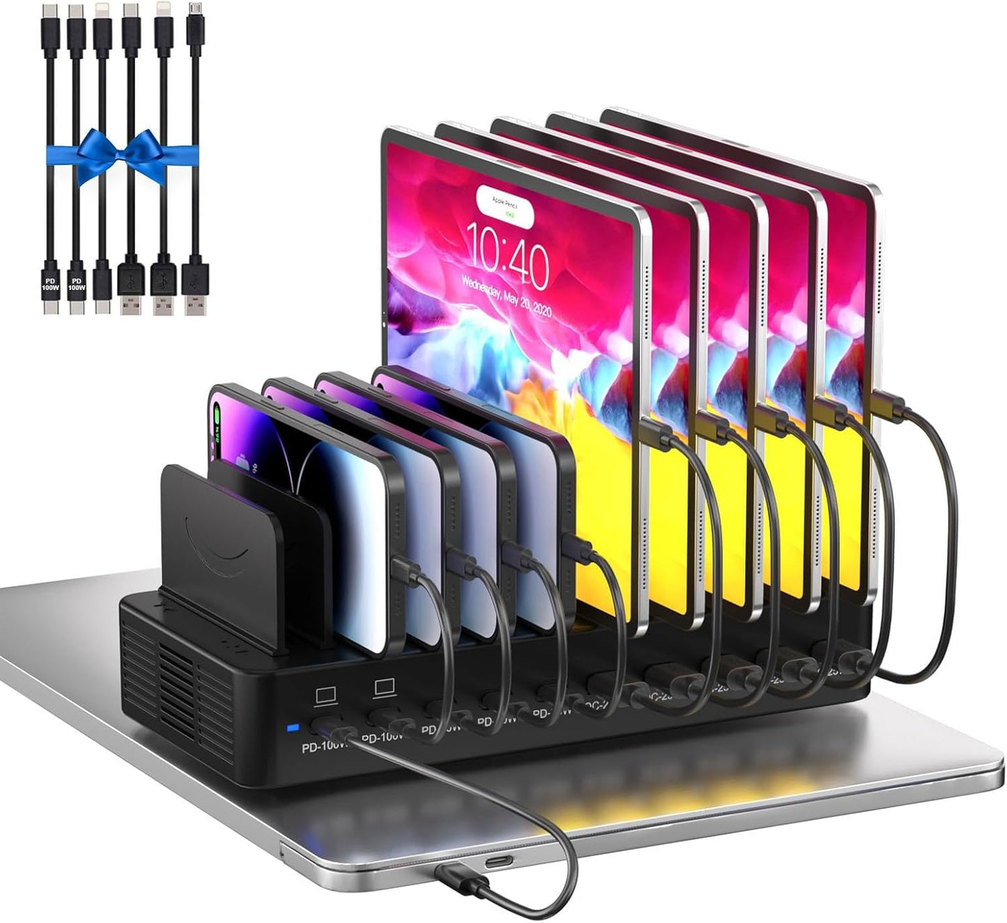 580W Charging Station for Multiple Devices, 10-Port USB C Fast Charger Station, Dual PD 100W Charging Dock with Adjustable Dividers & 6 Cables-Device Organizer for Laptop MacBook, iPhone, iPad