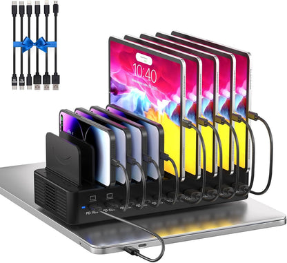 580W Charging Station for Multiple Devices, 10-Port USB C Fast Charger Station, Dual PD 100W Charging Dock with Adjustable Dividers & 6 Cables-Device Organizer for Laptop MacBook, iPhone, iPad