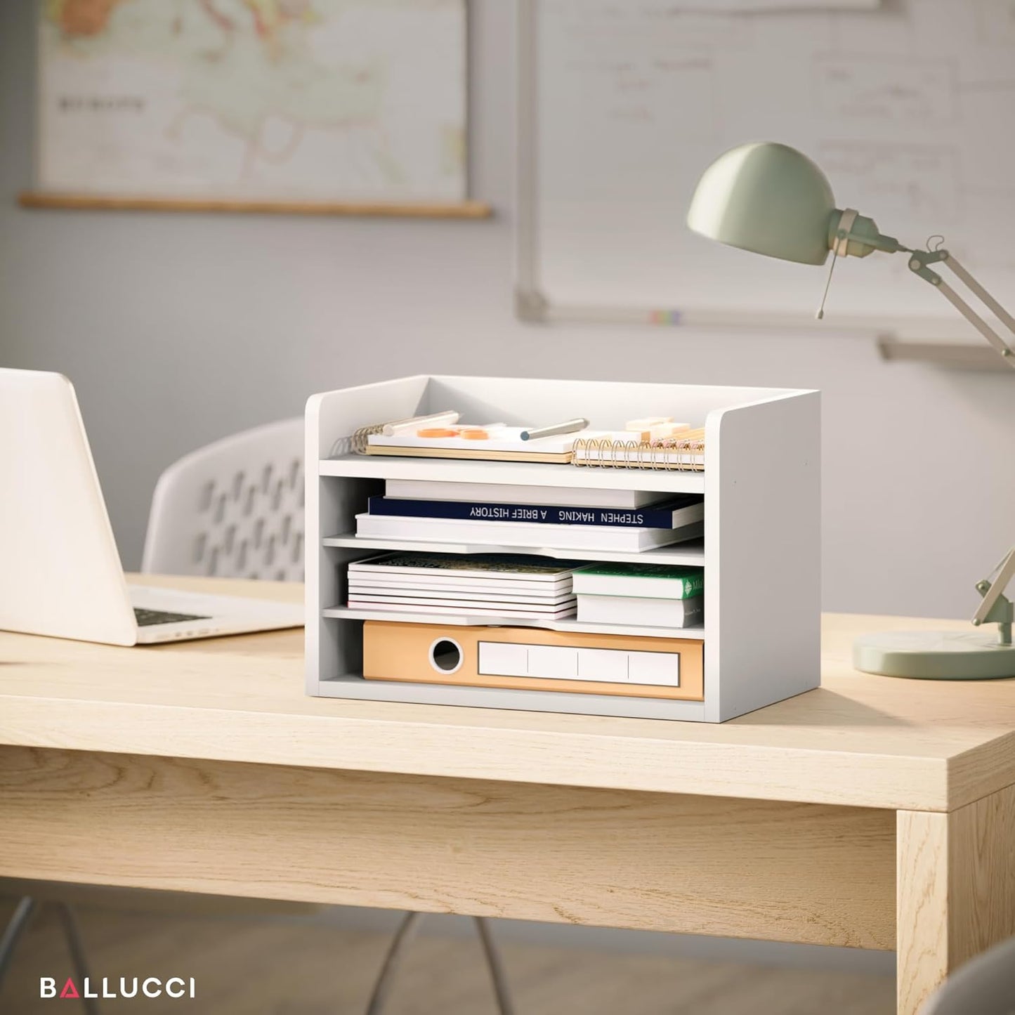 Ballucci File Organizer, 2-Tier Document Paper Sorter, Stackable Wood Desk Organizer Mail Holder, Monitor Stand with Storage Shelves, White
