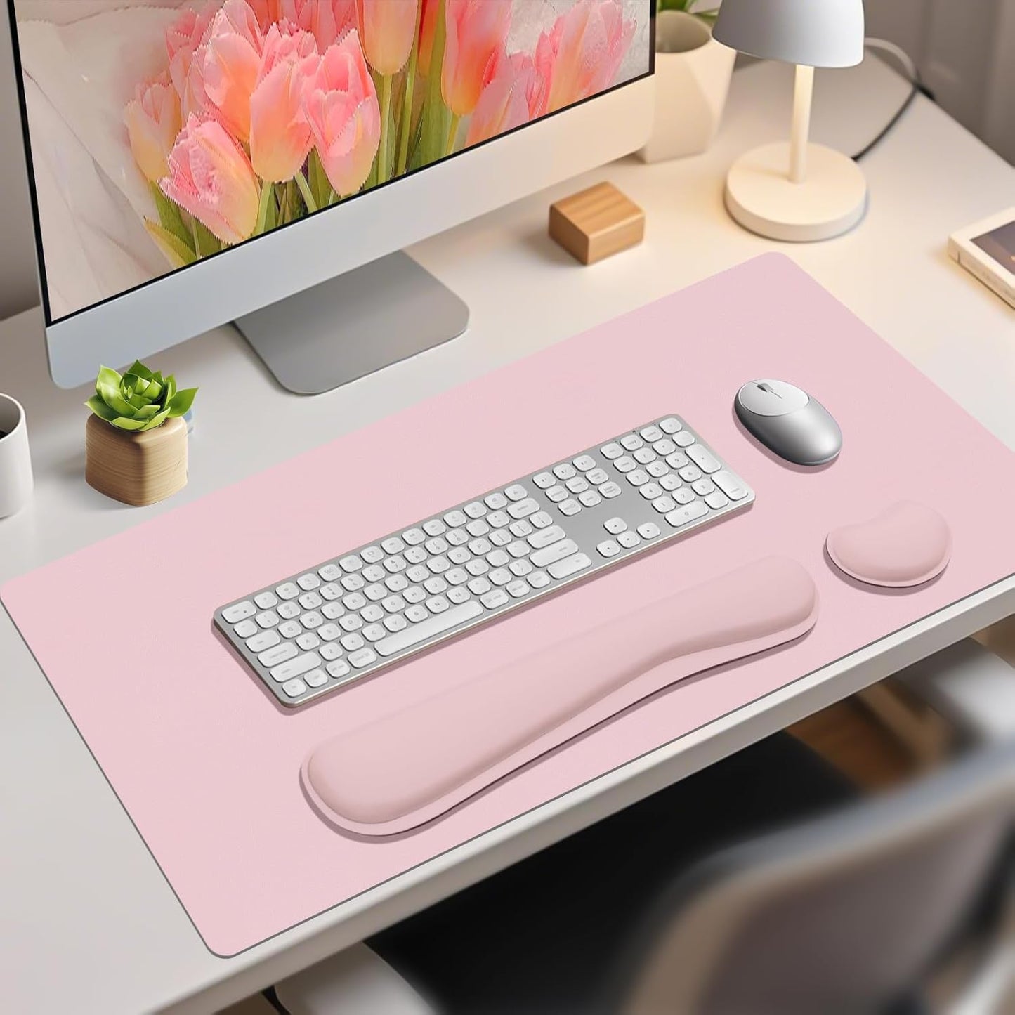 Wrist Rest for Computer Keyboard and Mouse, Ergonomic Design Wrist Support Pad for Keyboard, Soft Memory Foam Desk Pads Support Hand and Arm Easy Typing Pain Relief, 2 Piece Pad, Cream Pink