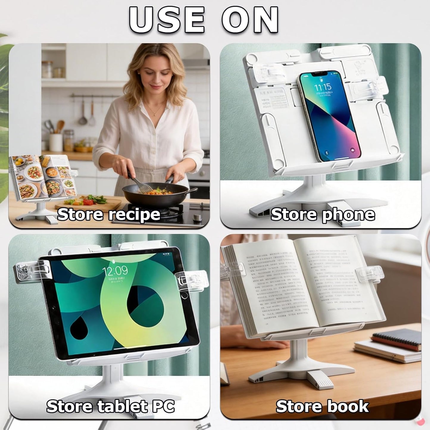 Adjustable Book Stand for Reading,160° Rotating Hands Free Book Stand,Adjustable Height and Angle Recipe Book Holder, with Extendable Page Clips, for Tablet,Laptop,Magazine,Recipe