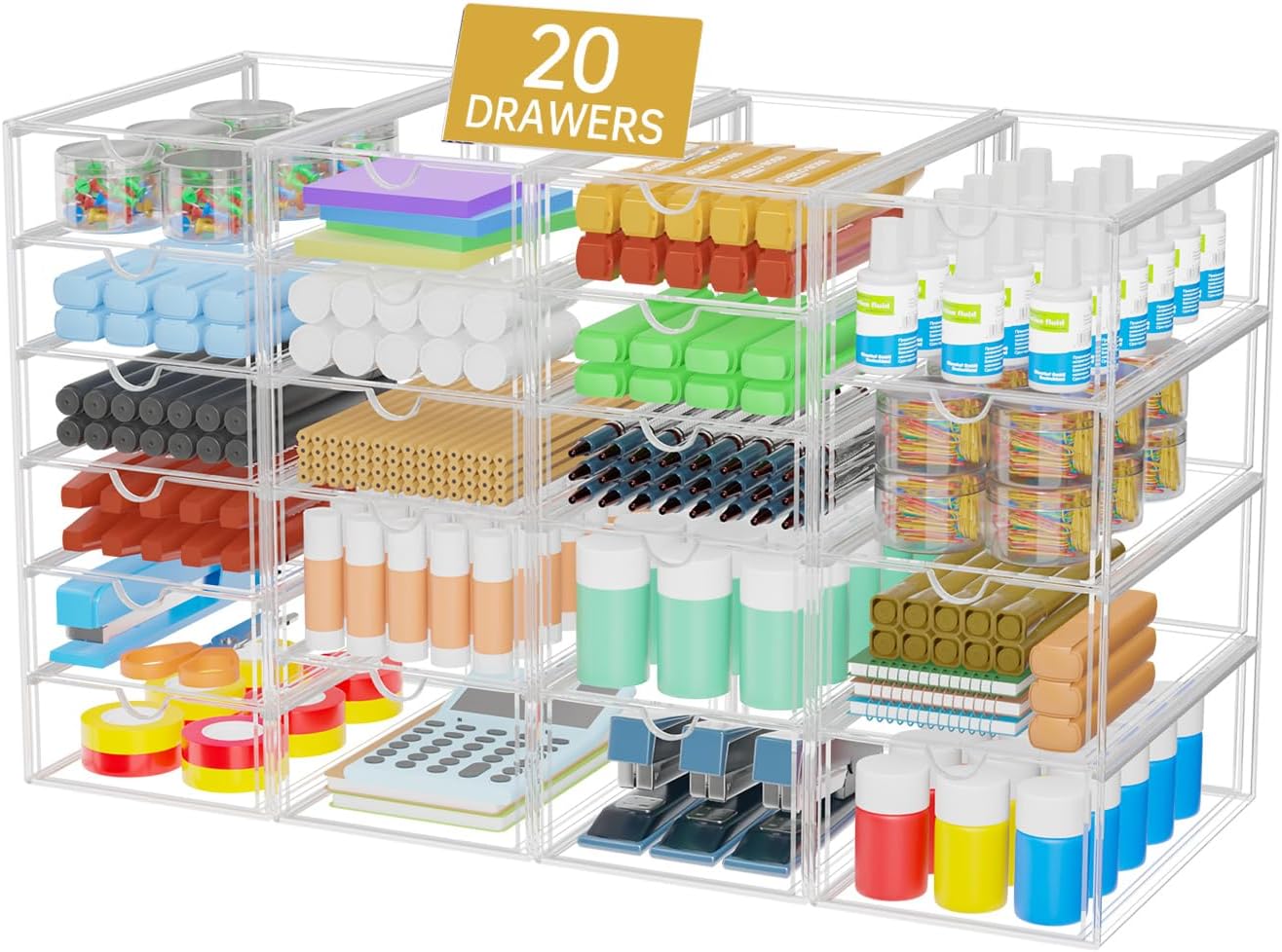 Acrylic Makeup Organizer with 20 Drawers, 4 Set Clear Storage Drawers, Acrylic Drawer Organizer and Storage for Desktop Office Supplies Make Up Pen Hair Accessories