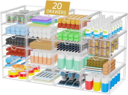 Acrylic Makeup Organizer with 20 Drawers, 4 Set Clear Storage Drawers, Acrylic Drawer Organizer and Storage for Desktop Office Supplies Make Up Pen Hair Accessories
