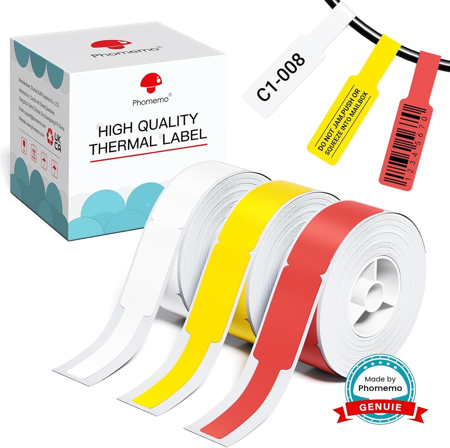 Phomemo D30 Label Maker Tape Cable Wire Label Tape, Black Print on White/Yellow/Red Sticker, 12.5mm x 74mm+35mm (3/8" x2 7/8"+1 3/8) Self-Adhesive Thermal Label Tape, 65-Tape/Roll, 3-Roll