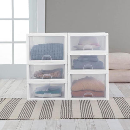Sterilite 6-Pack 6 Quart Stacking Drawer, Clear Storage Closet Organizer, White Frame - Stackable Modular Plastic Drawers for Clothes, Accessories, Craft Supplies, Shoes or Linens