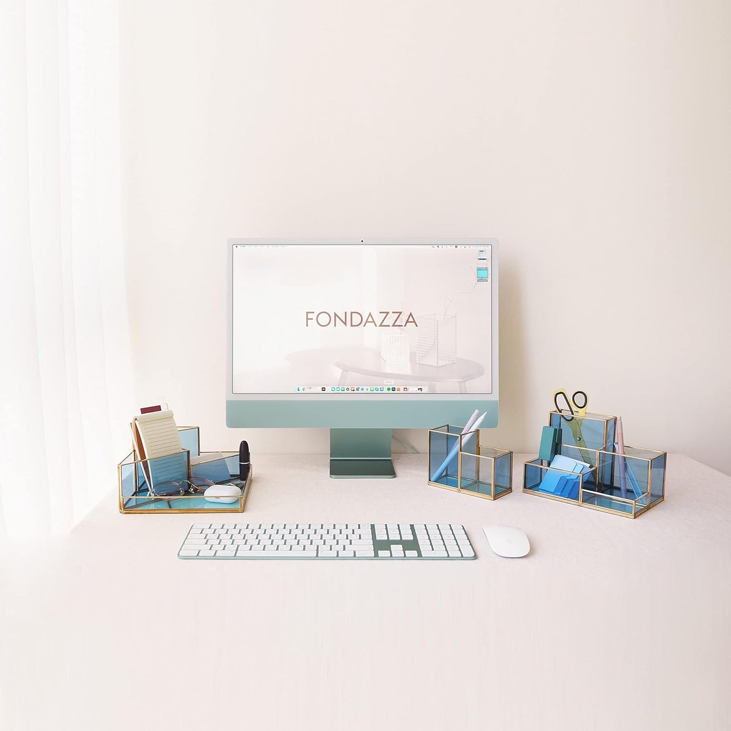 FONDAZZA Gold & Blue Glass Desk Organizer - Elegant Office Decor, Aesthetic Makeup Brush Holder, 2-Compartment Pen Holder, Pencil Cup, Vanity & Cosmetic Storage, Desk Accessories for Women
