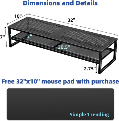 Simple Trending 2 Tier Metal Dual Monitor Stand Riser with 32"x10" Mouse Pad, Computer Desk Organizer for 2 Monitors, Laptop, Printer, TV, Black