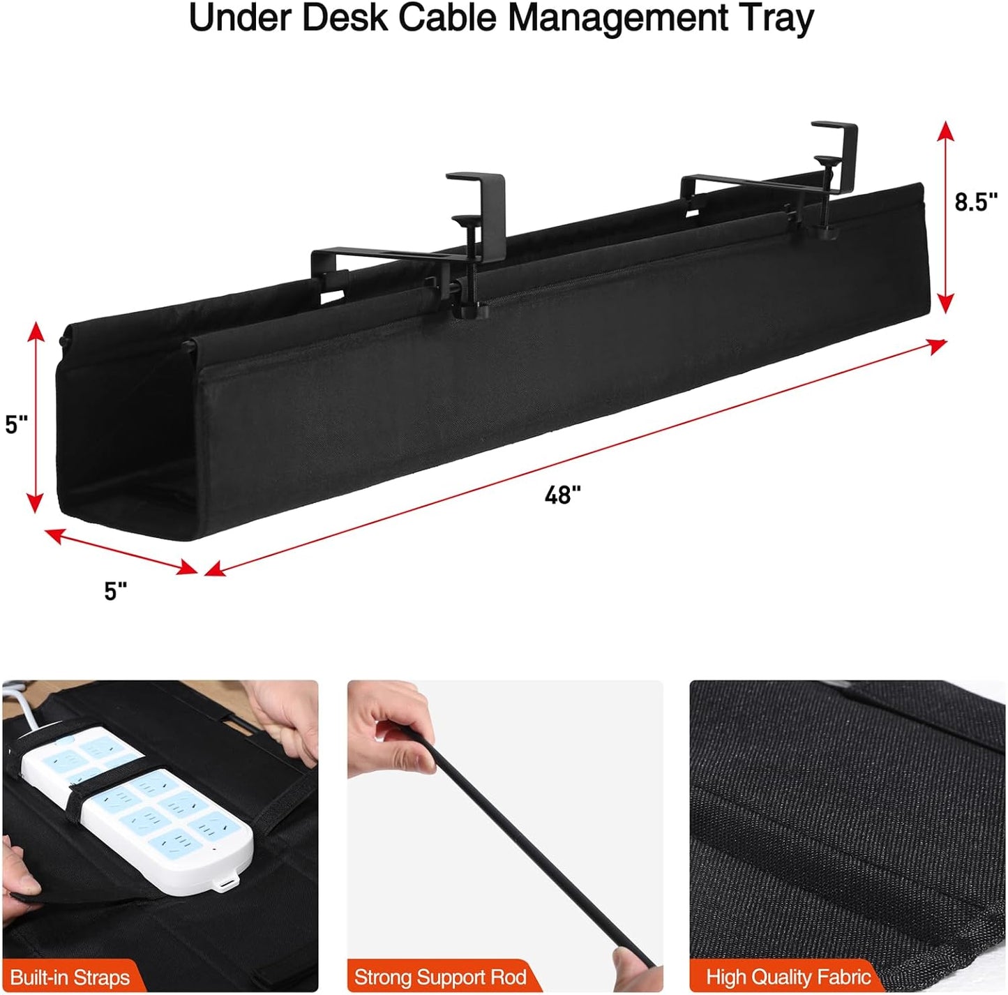 MAXECHO Under Desk Cable Management Tray 28" - Clamp on Wire and Cable Organizer for Storage and to Hide Cords - Ideal for Home Office - Premium Black Fabric Design
